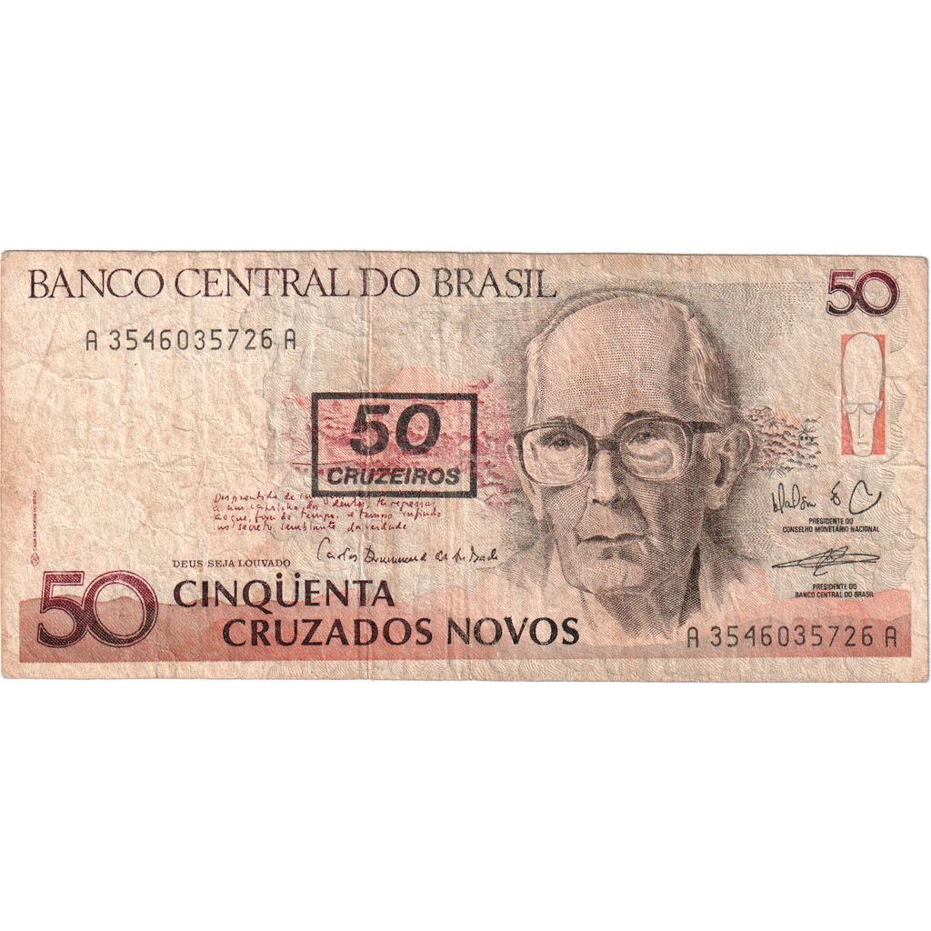 Brazília,
50 Cruzeiros za 50 Cruzados Novos,
VF (30-35)