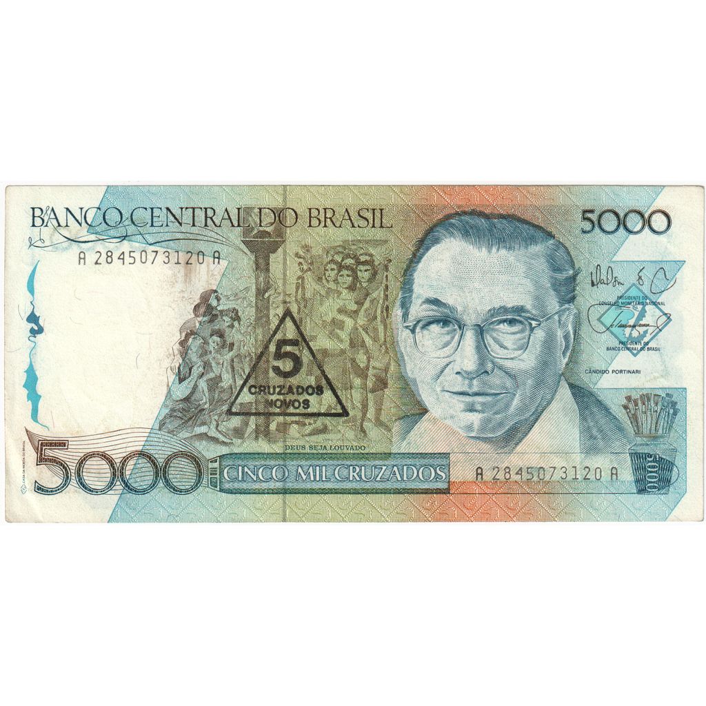 Brazília,
5 Cruzeiros Novos za 5 000 Cruzeiros,
PE (40-45)