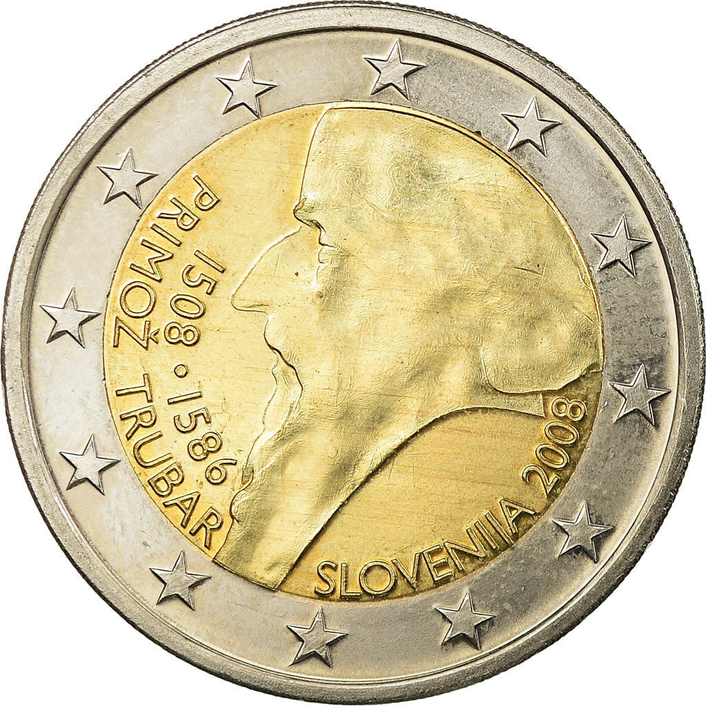 Slovinsko,
2 eurá,
500. Narodeniny Primoza Tubara