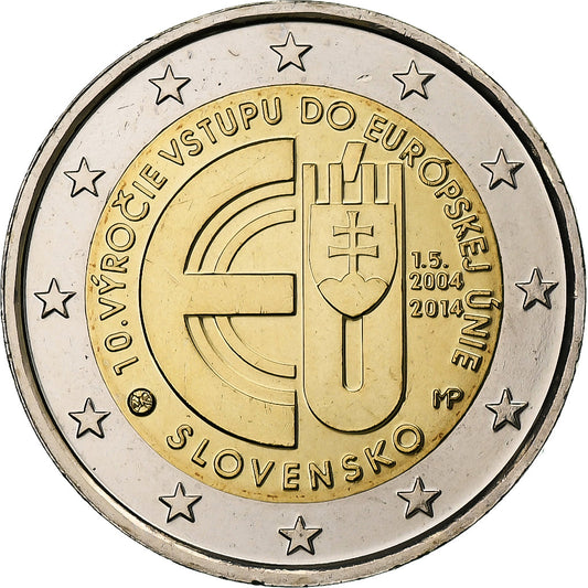 slovenský, 
  
  2 eurá, 
  
  10. Jahrestag – Beitritt zur Europäischen Union