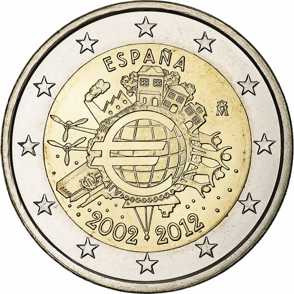španiel, 
  
  2 eurá, 
  
  10 Jahre Euro-Bageld